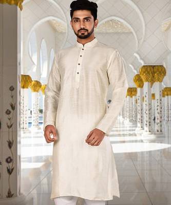 Cream dupion art silk  kurta with plain kurta 1