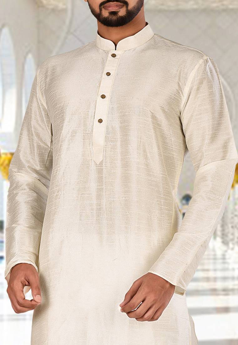 Cream dupion art silk  kurta with plain kurta