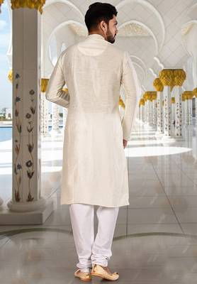 Cream dupion art silk  kurta with plain kurta 3