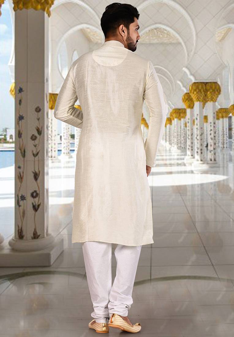 Cream dupion art silk  kurta with plain kurta