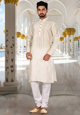 Cream dupion art silk  kurta with plain kurta 4