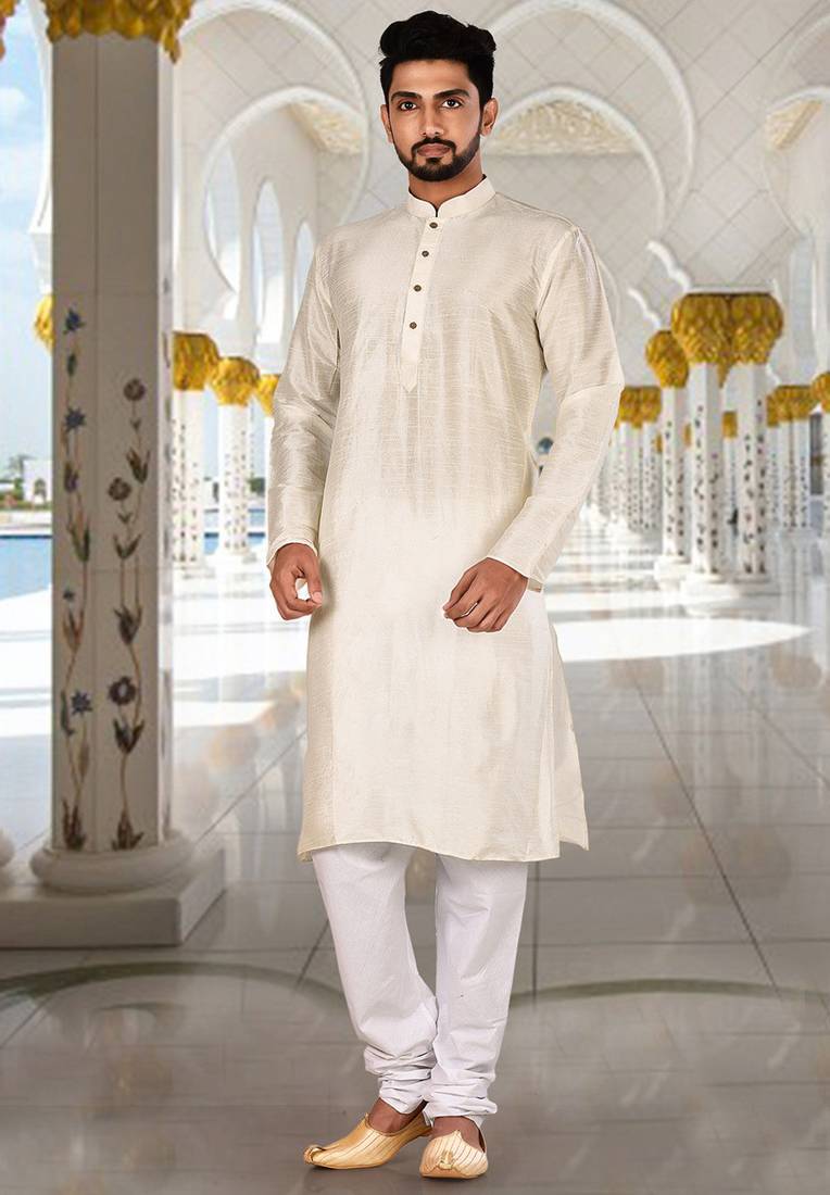 Cream dupion art silk  kurta with plain kurta