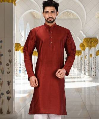 Red dupion art silk  kurta with plain kurta 1