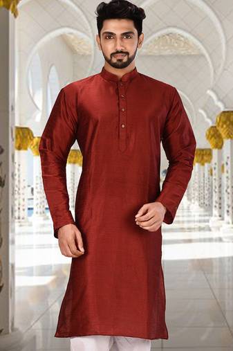 Red dupion art silk  kurta with plain kurta
