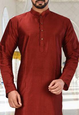 Red dupion art silk  kurta with plain kurta 2