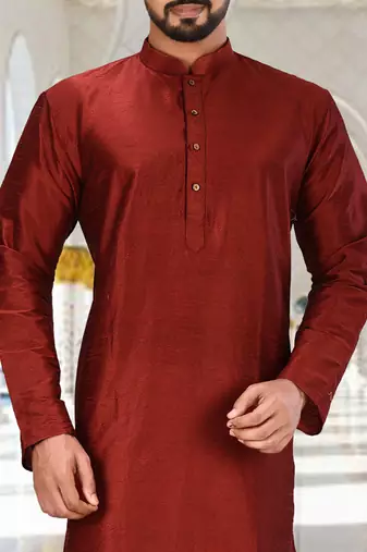 Red dupion art silk  kurta with plain kurta