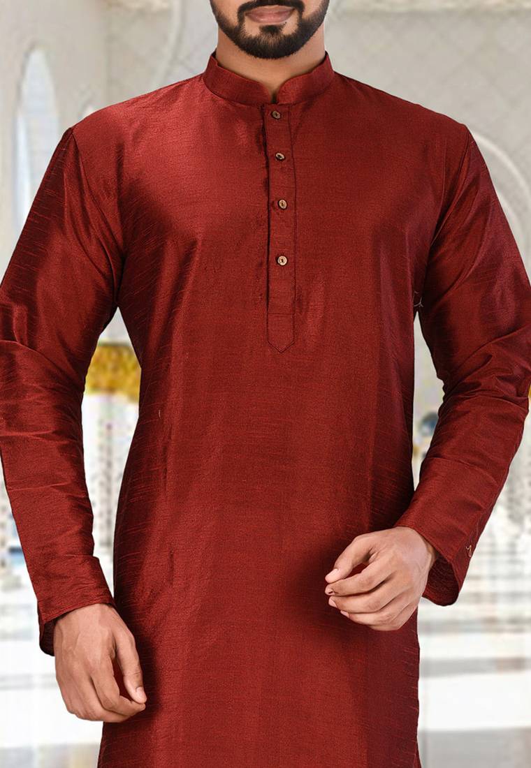 Red dupion art silk  kurta with plain kurta