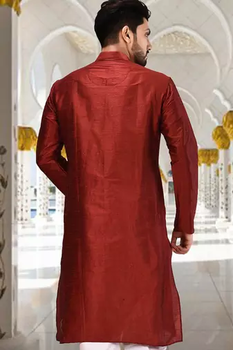 Red dupion art silk  kurta with plain kurta