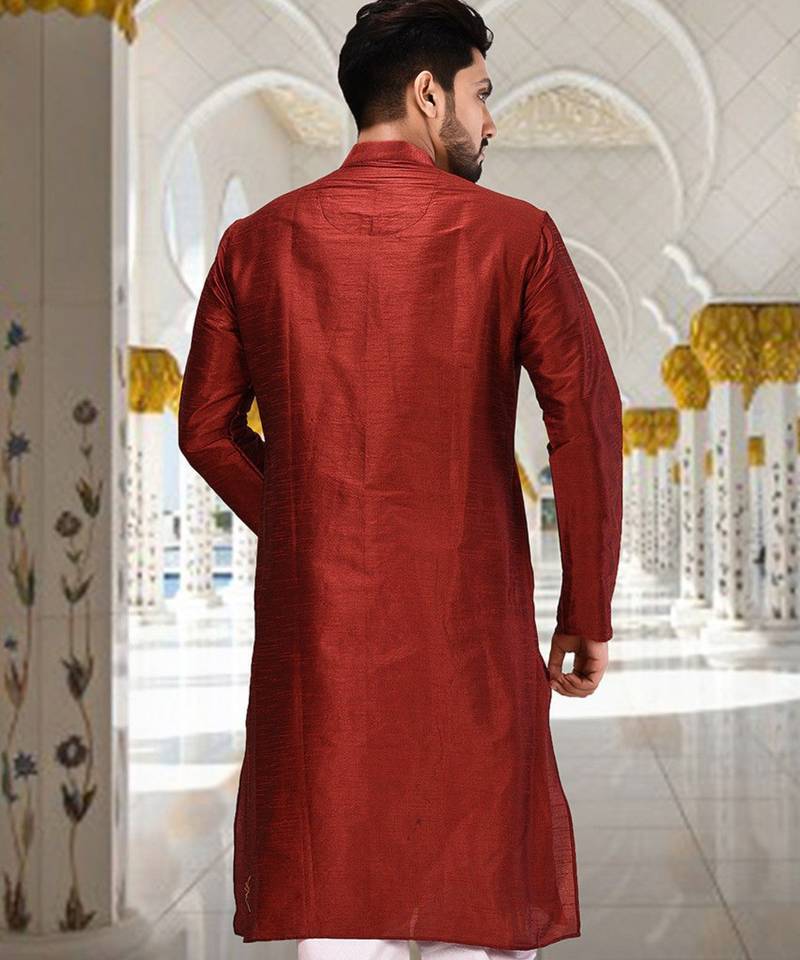 Red dupion art silk  kurta with plain kurta