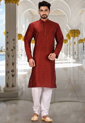 Red dupion art silk  kurta with plain kurta 4