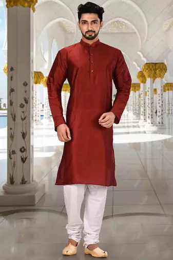 Red dupion art silk  kurta with plain kurta