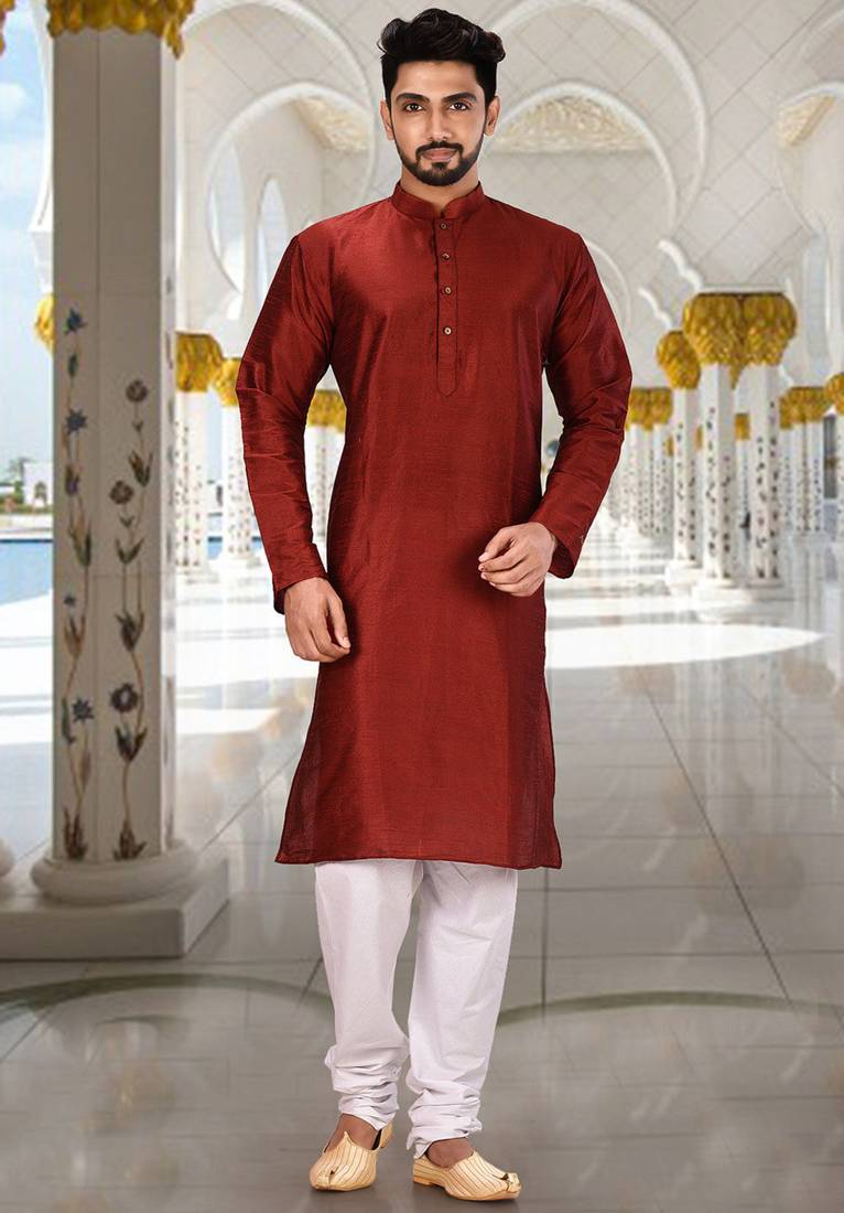 Red dupion art silk  kurta with plain kurta