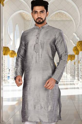 Grey dupion art silk  kurta with plain kurta