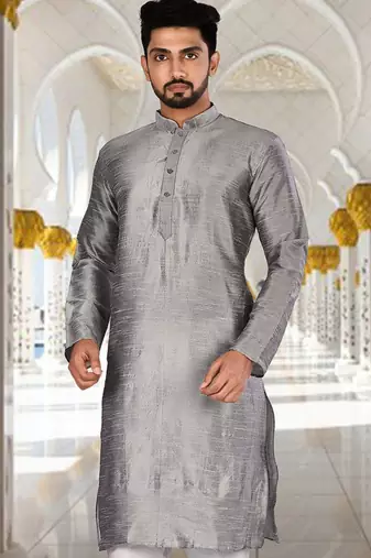 Grey dupion art silk  kurta with plain kurta