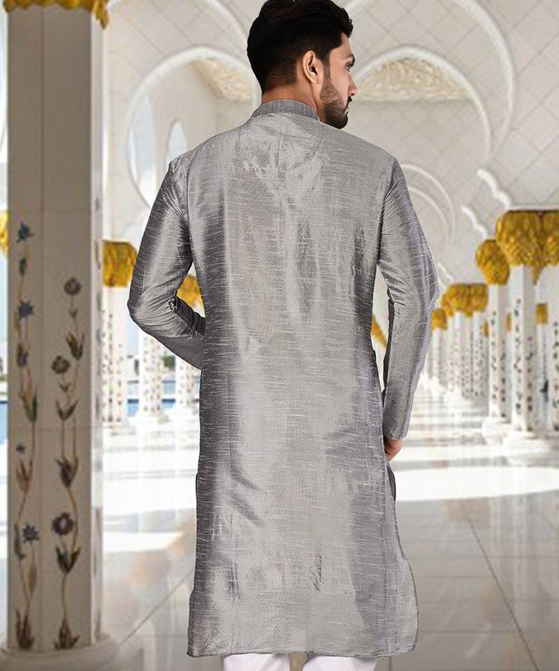Grey dupion art silk  kurta with plain kurta