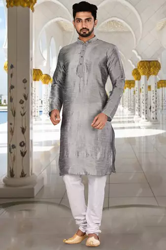 Grey dupion art silk  kurta with plain kurta