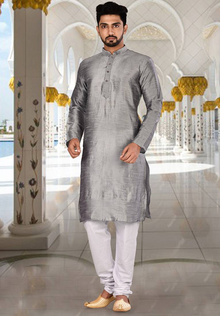 Grey dupion art silk  kurta with plain kurta