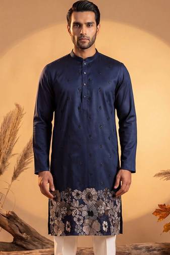 Mens blue silk blend solid embroidered kurta