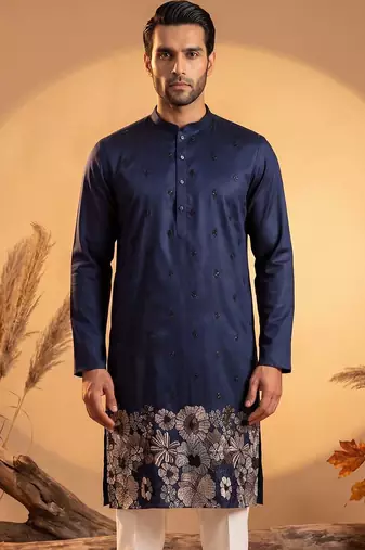 Mens blue silk blend solid embroidered kurta