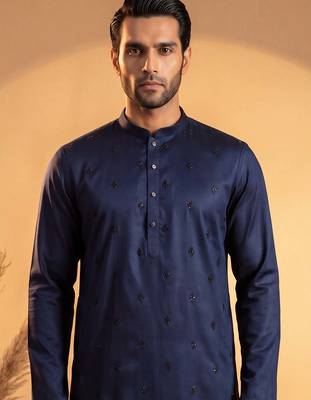 Mens blue silk blend solid embroidered kurta 3
