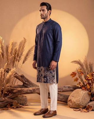 Mens blue silk blend solid embroidered kurta 4