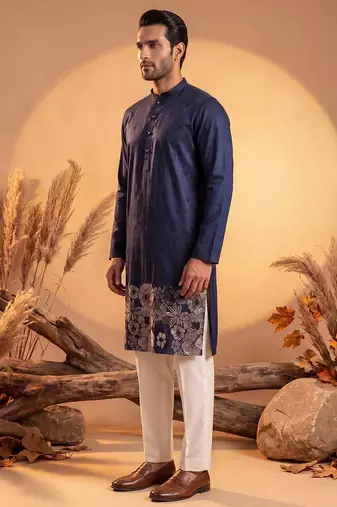 Mens blue silk blend solid embroidered kurta