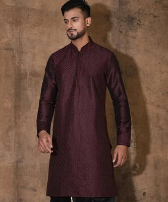 Wine dupion art silk  kurta with computerised embroidery machine work 1