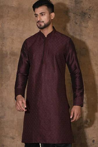 Wine dupion art silk  kurta with computerised embroidery machine work