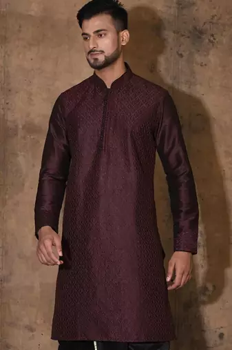 Wine dupion art silk  kurta with computerised embroidery machine work