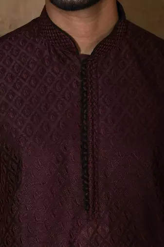 Wine dupion art silk  kurta with computerised embroidery machine work
