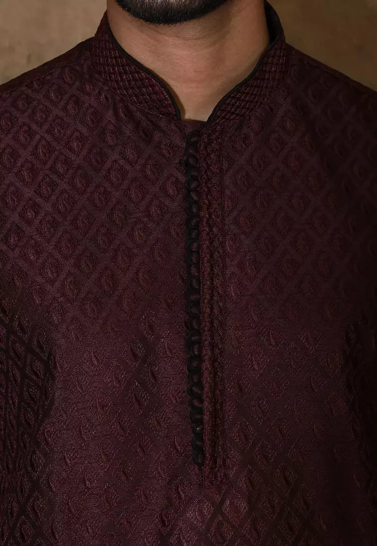 Wine dupion art silk  kurta with computerised embroidery machine work