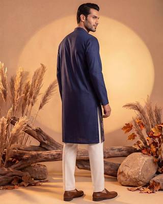 Mens blue silk blend solid embroidered kurta 5