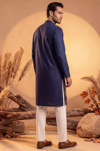 Mens blue silk blend solid embroidered kurta