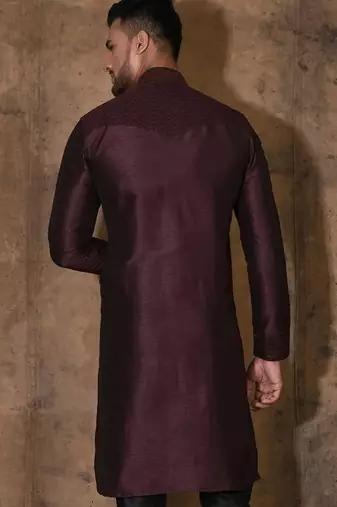 Wine dupion art silk  kurta with computerised embroidery machine work