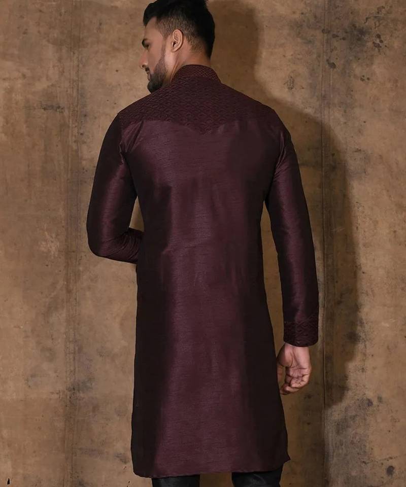 Wine dupion art silk  kurta with computerised embroidery machine work