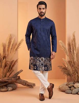 Mens blue silk blend solid embroidered kurta 6