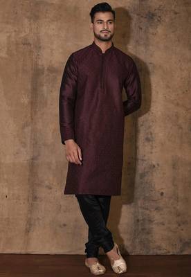 Wine dupion art silk  kurta with computerised embroidery machine work 4