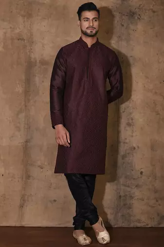 Wine dupion art silk  kurta with computerised embroidery machine work