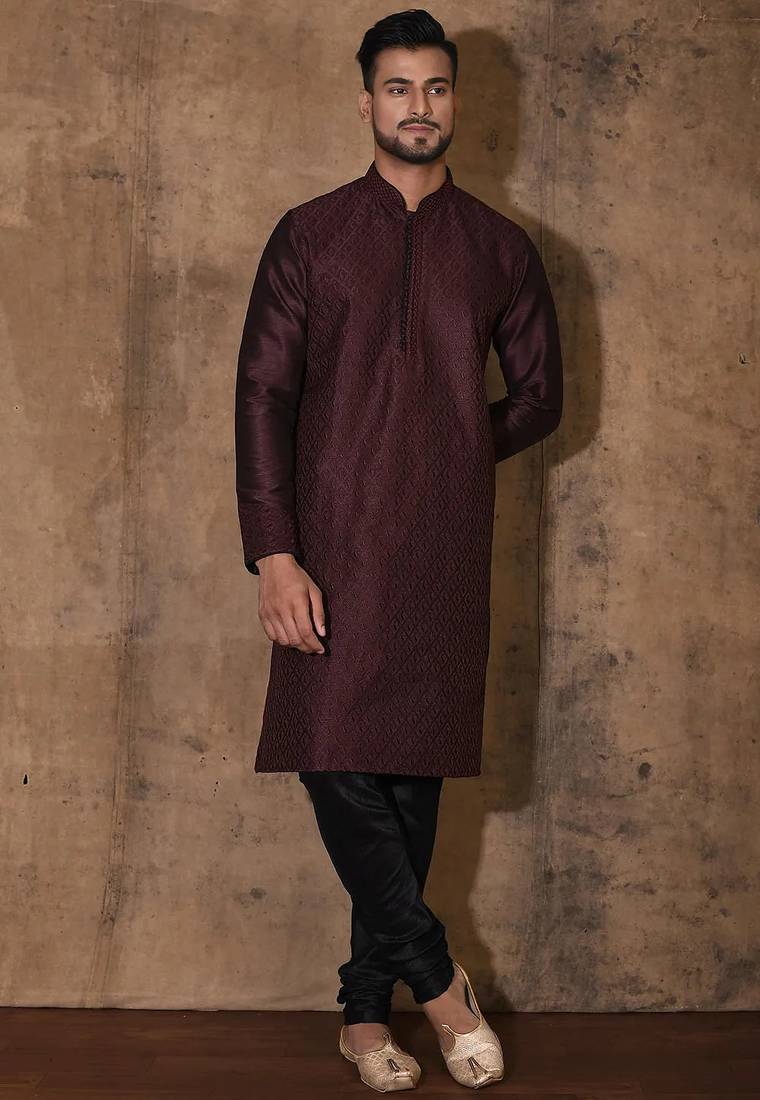 Wine dupion art silk  kurta with computerised embroidery machine work