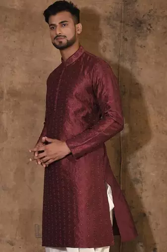 Red dupion art silk  kurta with computerised embroidery machine work