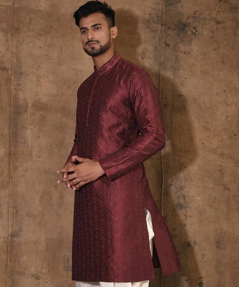 Red dupion art silk  kurta with computerised embroidery machine work