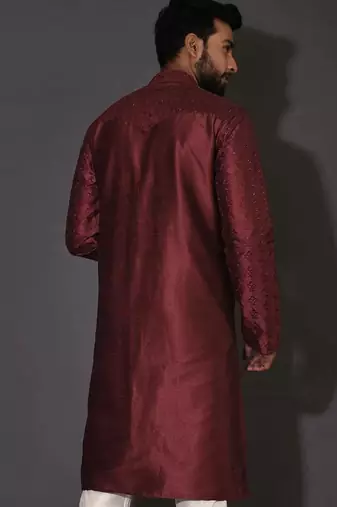 Red dupion art silk  kurta with computerised embroidery machine work