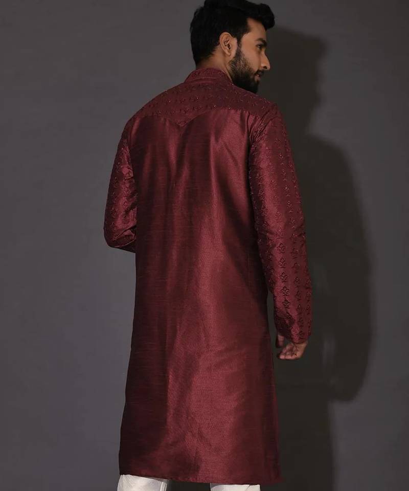Red dupion art silk  kurta with computerised embroidery machine work