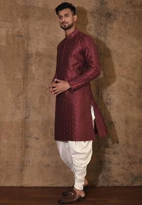 Red dupion art silk  kurta with computerised embroidery machine work 4