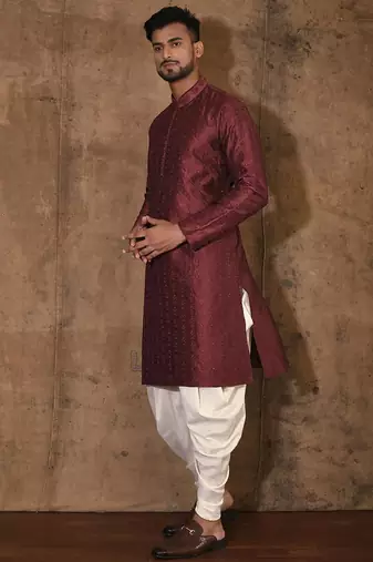 Red dupion art silk  kurta with computerised embroidery machine work