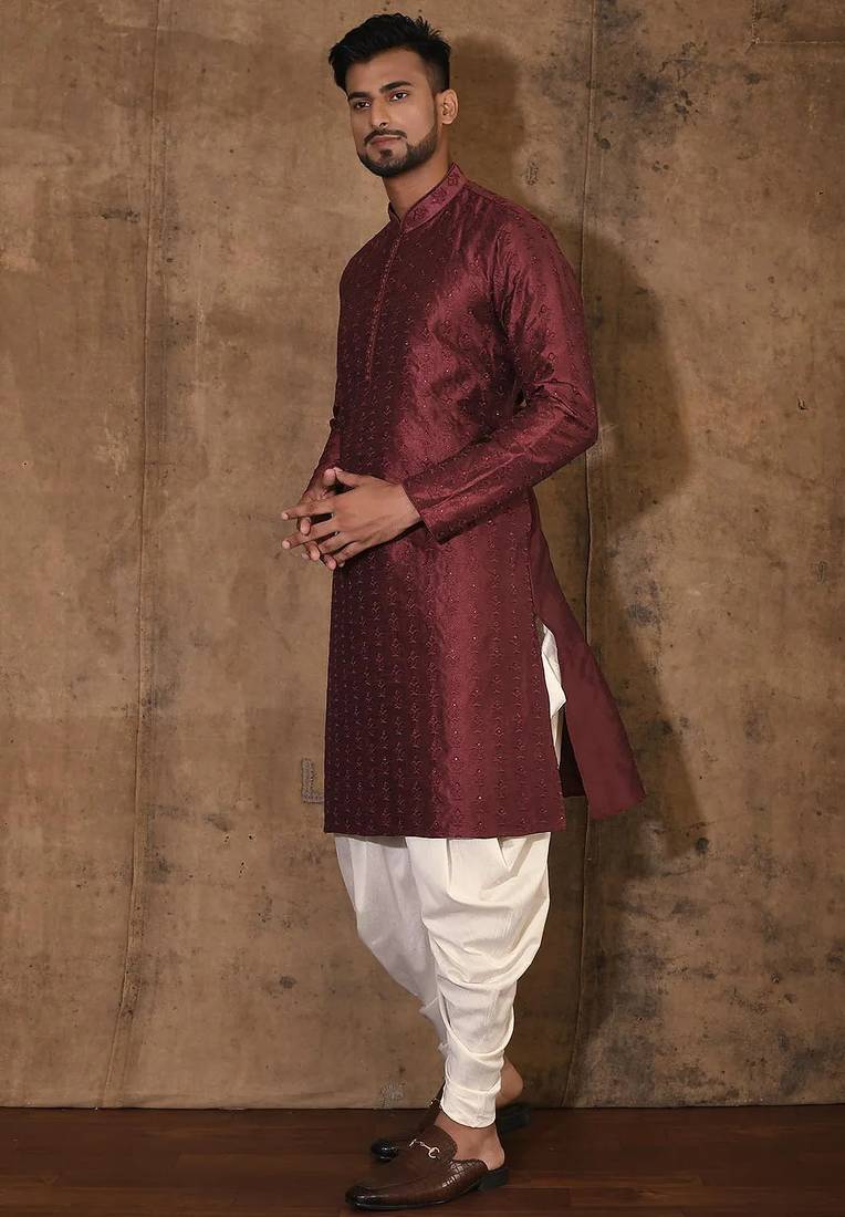 Red dupion art silk  kurta with computerised embroidery machine work