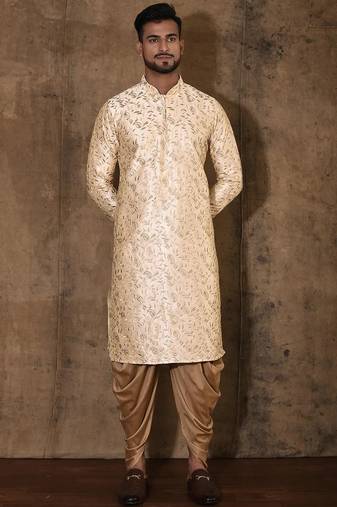 Fawn dupion art silk  kurta with computerised embroidery machine work