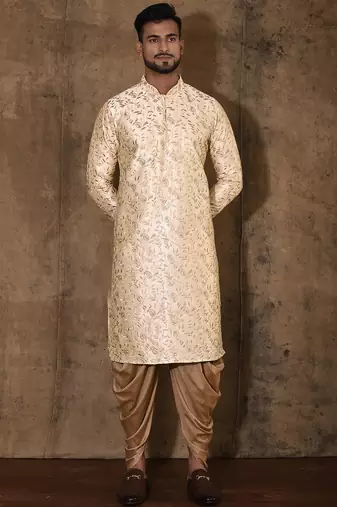 Fawn dupion art silk  kurta with computerised embroidery machine work