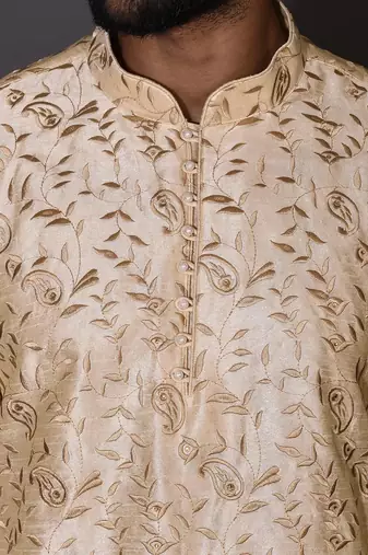 Fawn dupion art silk  kurta with computerised embroidery machine work