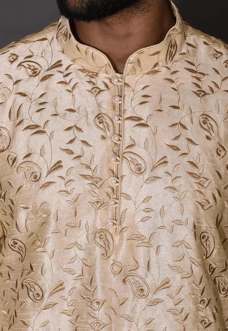 Fawn dupion art silk  kurta with computerised embroidery machine work